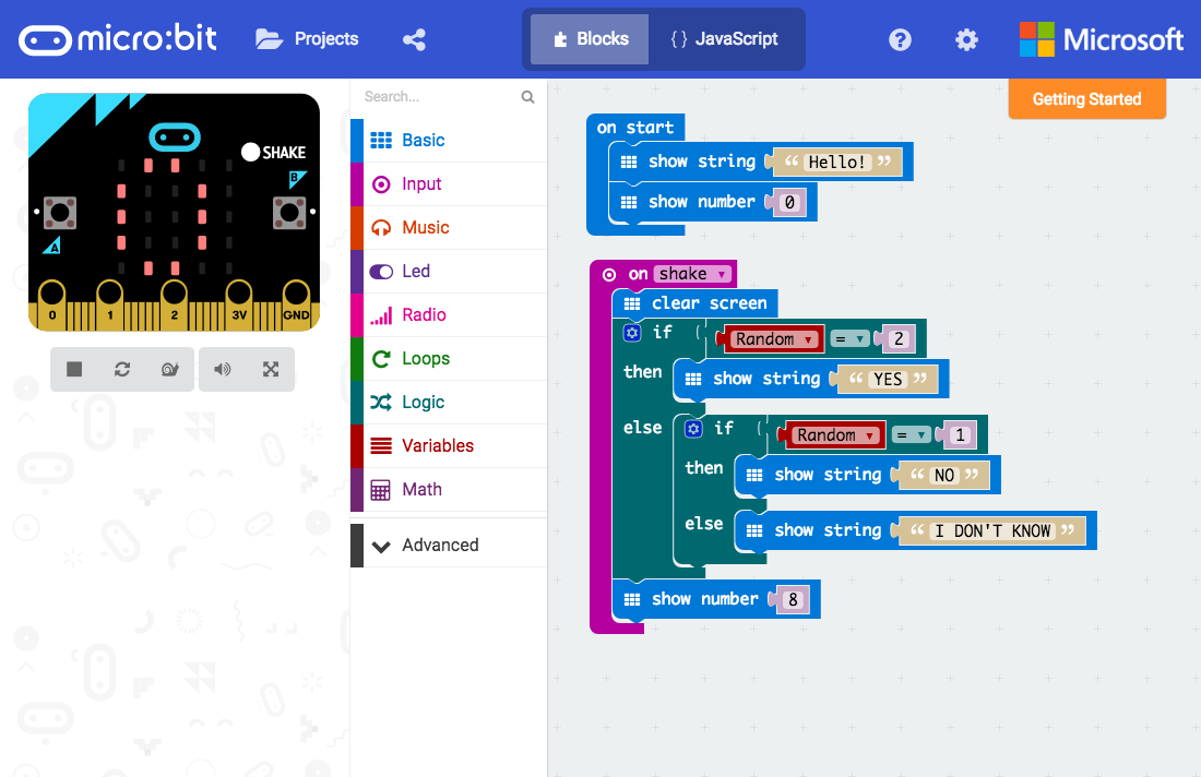The Micro:bit MakeCode visual editor